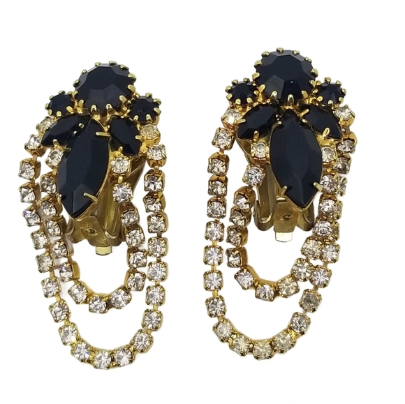 VINTAGE BLACK & WHITE RHINESTONE CHANDELIER CLIP ON EARRINGS - Picture 3 of 5